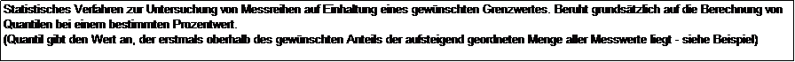 Textfeld: Statistisches Verfahren zur Untersuchung von Messreihen auf Einhaltung eines gewnschten Grenzwertes. Beruht grundstzlich auf die Berechnung von Quantilen bei einem bestimmten Prozentwert.
(Quantil gibt den Wert an, der erstmals oberhalb des gewnschten Anteils der aufsteigend geordneten Menge aller Messwerte liegt - siehe Beispiel)