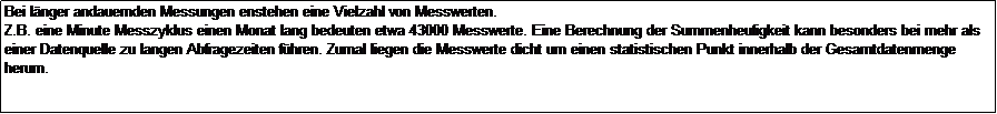 Textfeld: Bei lnger andauernden Messungen enstehen eine Vielzahl von Messwerten. 
Z.B. eine Minute Messzyklus einen Monat lang bedeuten etwa 43000 Messwerte. Eine Berechnung der Summenheufigkeit kann besonders bei mehr als einer Datenquelle zu langen Abfragezeiten fhren. Zumal liegen die Messwerte dicht um einen statistischen Punkt innerhalb der Gesamtdatenmenge herum.



